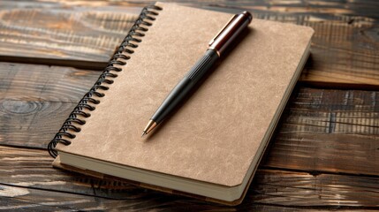 Reuse notebook and pen on wooden surface