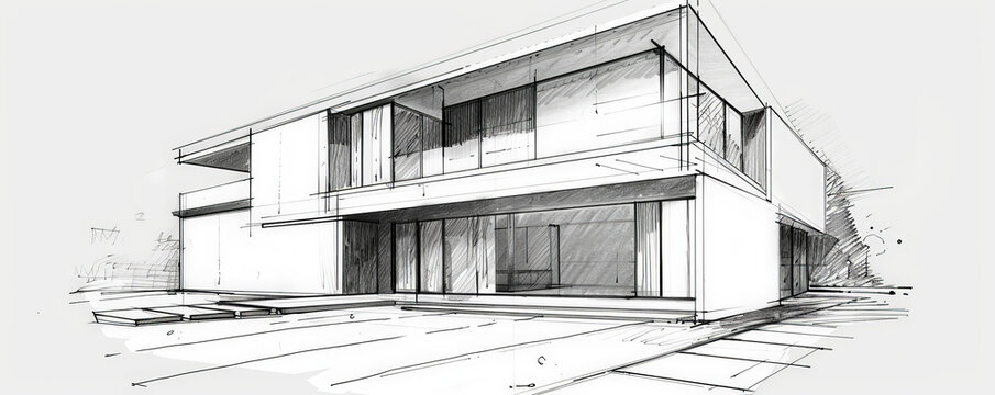 An architectural sketch of a minimalist residential house, showcasing clean lines, large windows, and open spaces. The white background enhances the simplicity and elegance of the modern design.