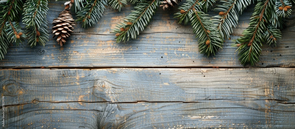 Aufkleber fir tree branches on aged wooden surface create a festive christmas backdrop with a distressed wood 