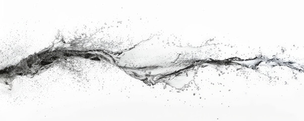 An elegant, arcing wave captured as it splashes, with water droplets flying off in various directions, isolated on a white background. The image highlights the motion and clarity of the water.