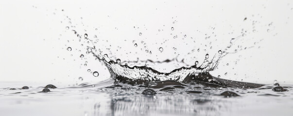An energetic splash of water with high-speed droplets forming a dynamic shape, set against a white background. The simplicity of the backdrop emphasizes the water's motion.