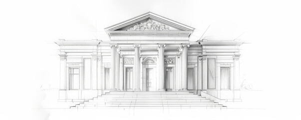 An architectural sketch of a neoclassical government building, with tall columns, a grand staircase, and symmetrical design. The white background highlights the grandeur and formality of the structure