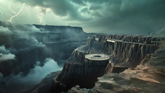 Futuristic underground outpost spans chasm under stormy skies