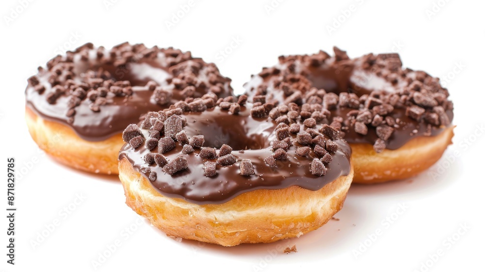 Poster Donuts with chocolate on a white backdrop