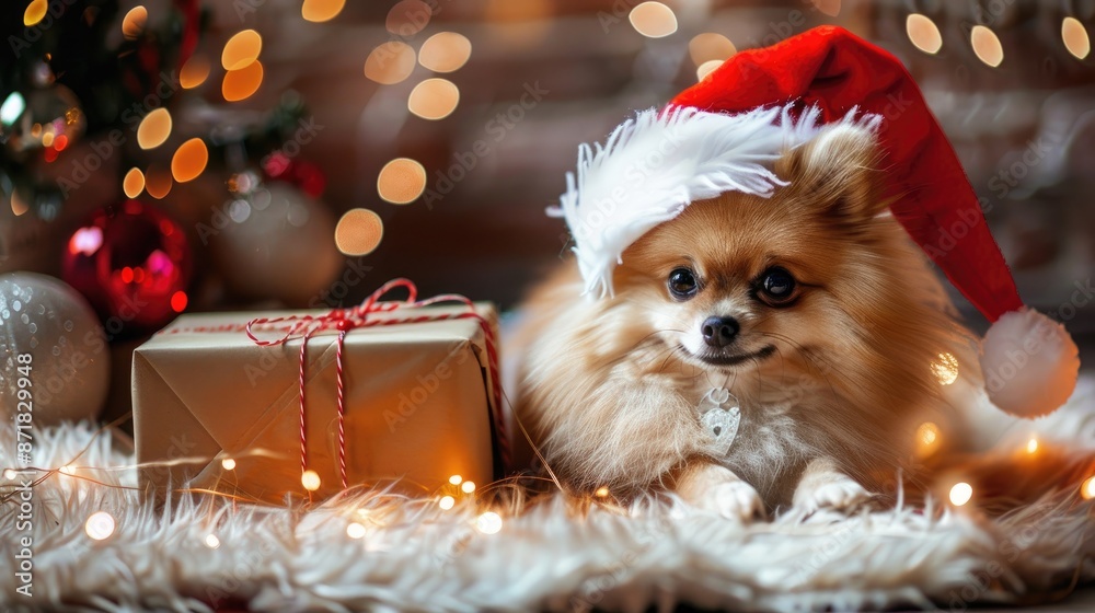 Poster Pomeranian Dog in Santa Hat with Gift and Christmas Lights Festive Pet Portrait