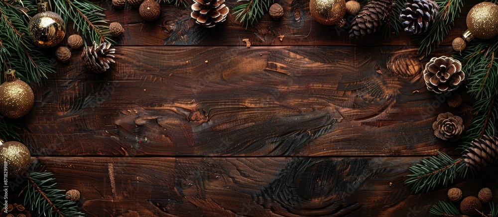 Poster Top view of a Christmas-themed wooden background adorned with pinecones and golden balls, representing a New Year concept, featuring copy space image.