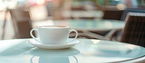 Fototapeta premium A cappuccino cup on a glass cafe table with copy space image.