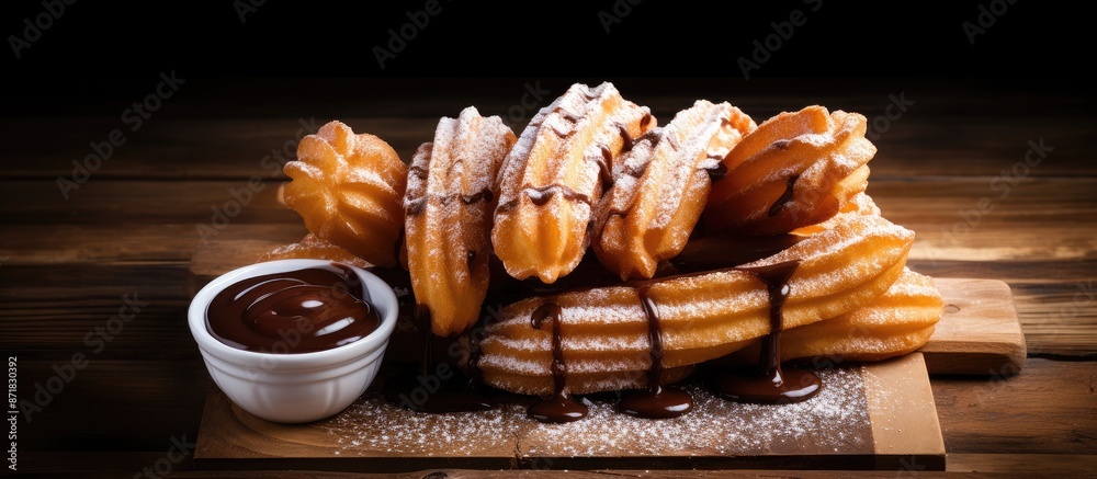 Poster Top view of churros drizzled with chocolate sauce and sugar on a rustic wooden surface, with space for additional images.