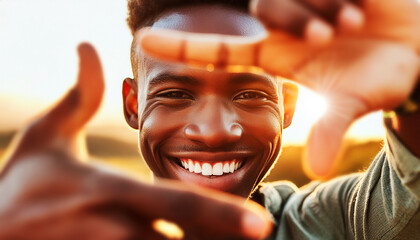 Extreme close-up of a beautiful young African-American man standing in the nature and making composition frame with his hands, looking at camera and smiling. Generative Ai.