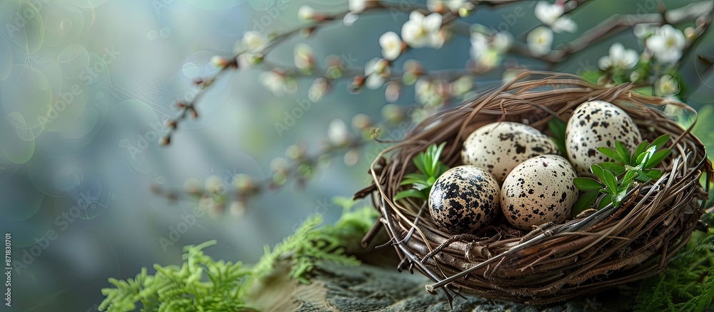 Aufkleber Quail eggs displayed in a natural setting with copy space image.
