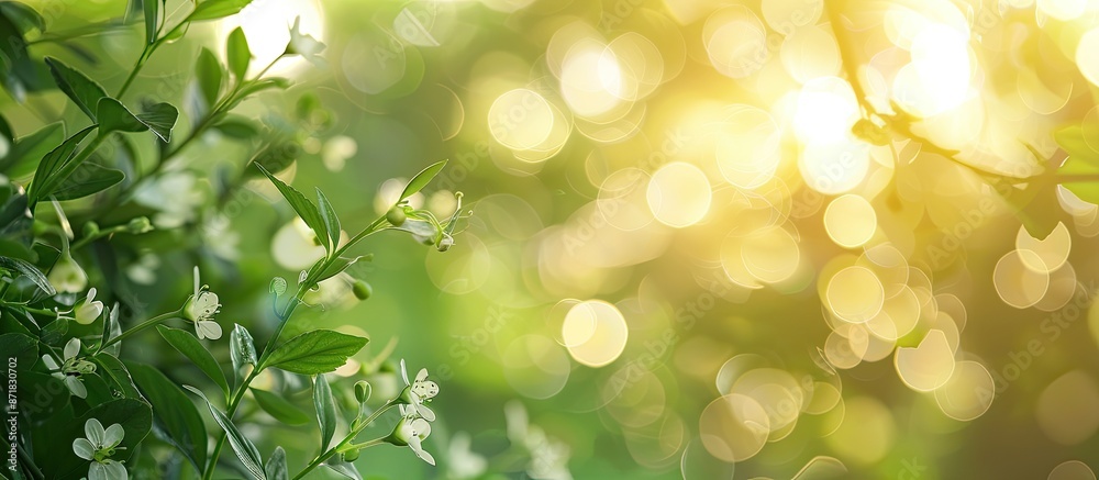 Aufkleber green blurred background with a yellow tint featuring bokeh circles surrounding wildflowers and leav