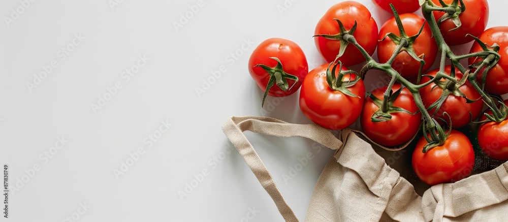 Poster overhead view of fresh tomatoes next to an eco-friendly bag on a white background with copy space im