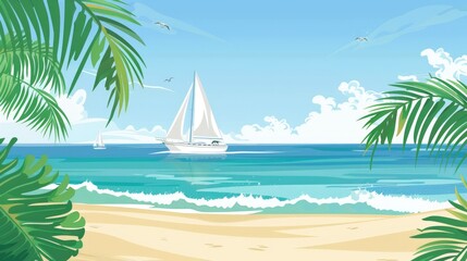 Obraz premium A tropical beach scene with a sailboat on the horizon, ample space for text