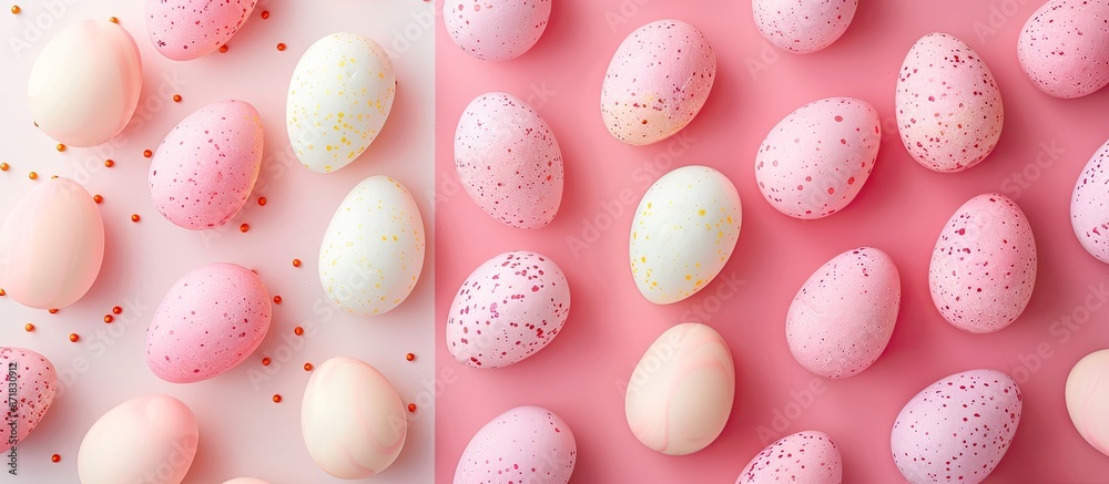 Poster easter-themed candy eggs on a soft white and pink backdrop, creating a cheerful flat lay composition