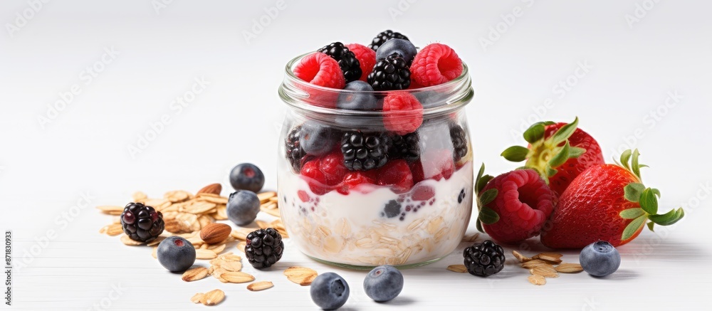 Aufkleber healthy breakfast concept depicted with a jar of overnight oatmeal topped with berries and nuts on a