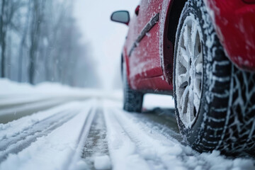 Close up, View of car wheel on snowy road, winter driving conditions