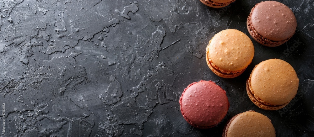 Poster Sweet macarons displayed on a textured black concrete surface viewed from above, featuring an empty area for text or other content within the image.