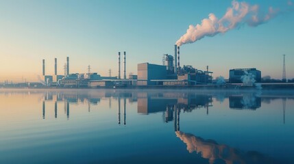Serene lake with reflections of industrial buildings, peaceful yet impactful representation of industry s reach