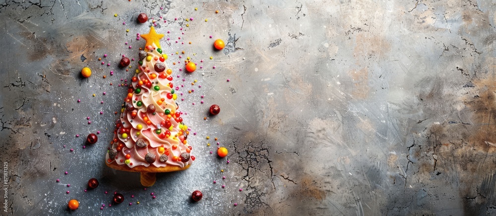 Poster christmas tree cone-shaped dessert displayed on a concrete background with room for text or other de