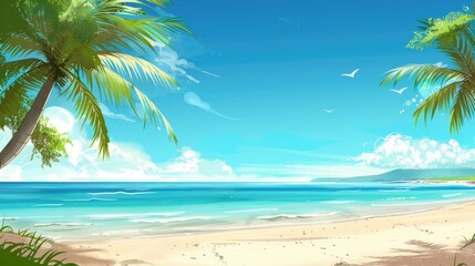 Fototapeta premium A tropical beach with a clear blue sky and ample space for text.