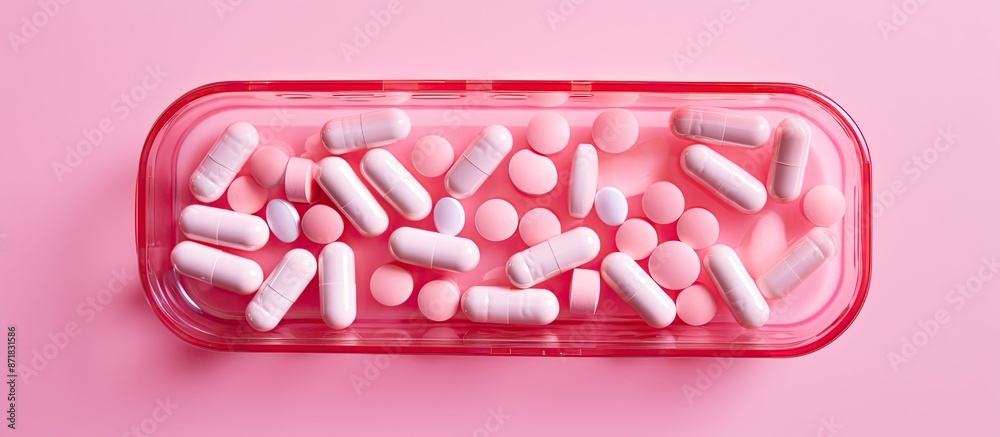 Poster Top view of pills in a blister pack on a pink background with ample space for additional imagery.