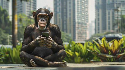 Chimpanzee sitting outdoors in a city, intently using a smartphone, blending nature and urban life, representing technology's reach.