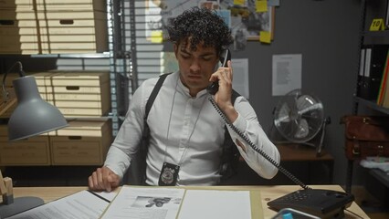 Hispanic detective analyzes evidence in a cluttered police office, exuding an aura of focus and determination