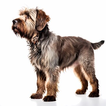 Wirehaired pointing griffon dog breed standing against white background, AI Generated