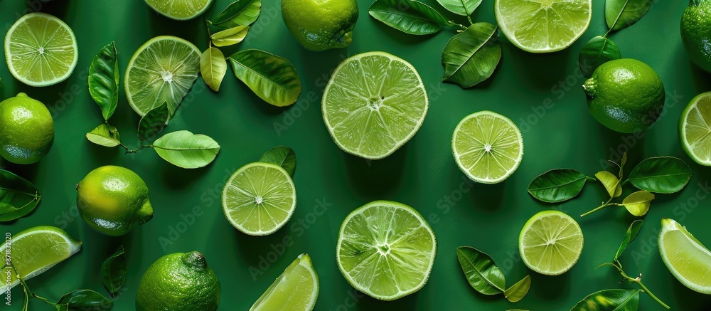 Poster a vibrant green background displays fresh lime slices with leaves, offering copy space in a top view
