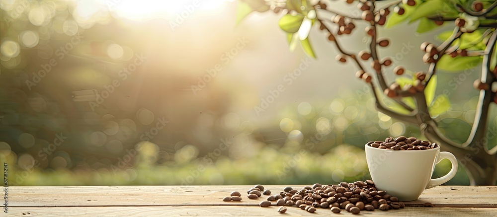 Aufkleber coffee cup filled with beans, milk, and tree on the table with a background featuring copy space ima