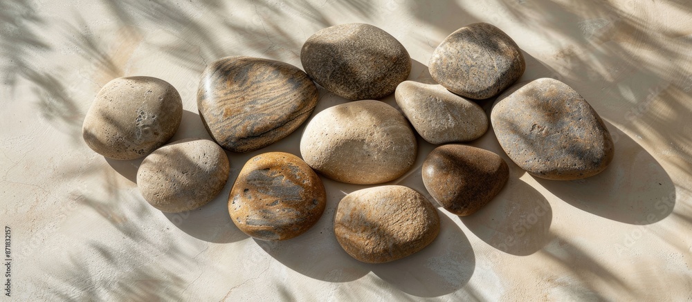 Poster granite stones arranged on a beige surface with shadows, suitable for copy space image.