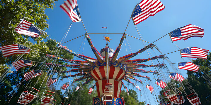 A carnival ride decorated with American flags.


