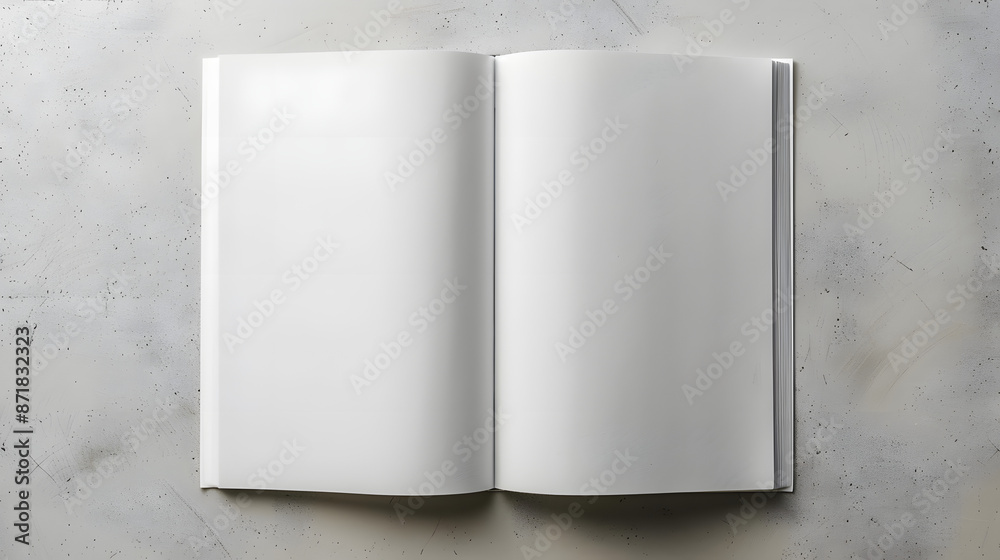 Wall mural Open notebook with blank pages on grey textured background, top view. Mockup for design