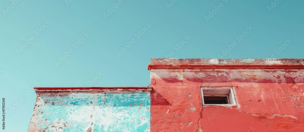 Aufkleber minimalist photo of a building with faded paint against a clear sky, featuring copy and negative spa