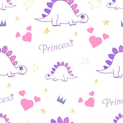 Adorable seamless pattern with dinosaur princesses, hearts, crowns, and stars in soft pink and purple tones. Perfect for baby girl clothing, nursery wall art, kids accessories, and celebration designs