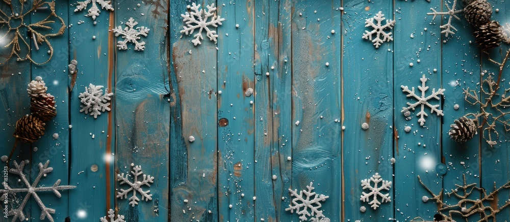 Poster vintage blue wooden boards adorned with christmas snowflake decorations create a charming holiday po