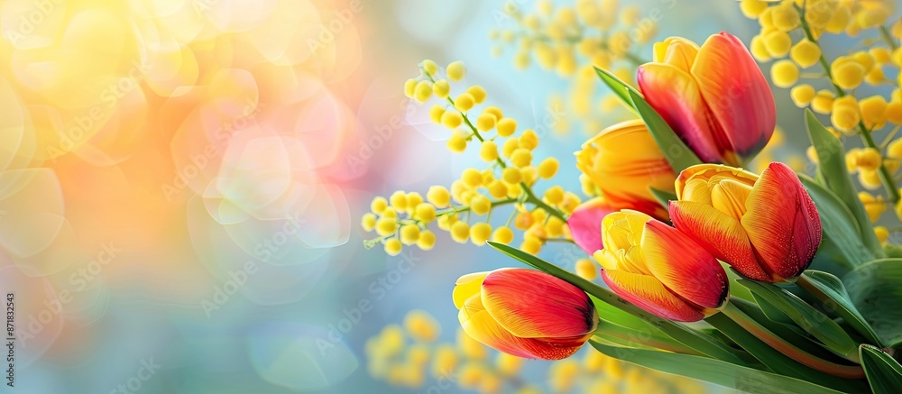 Aufkleber yellow mimosa flowers complement the vibrant tulips in an easter-themed nature setting with a lovely