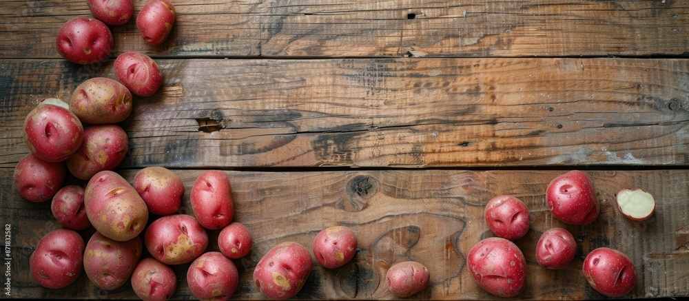 Aufkleber A top view of red skinned potatoes on a wooden surface with a duplicated image in the center, featuring copy space.