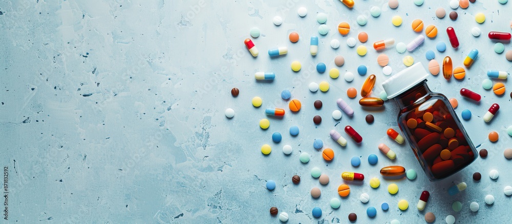 Poster colorful tablets and capsules scattered from a pill bottle in a top view, showcasing an arrangement 