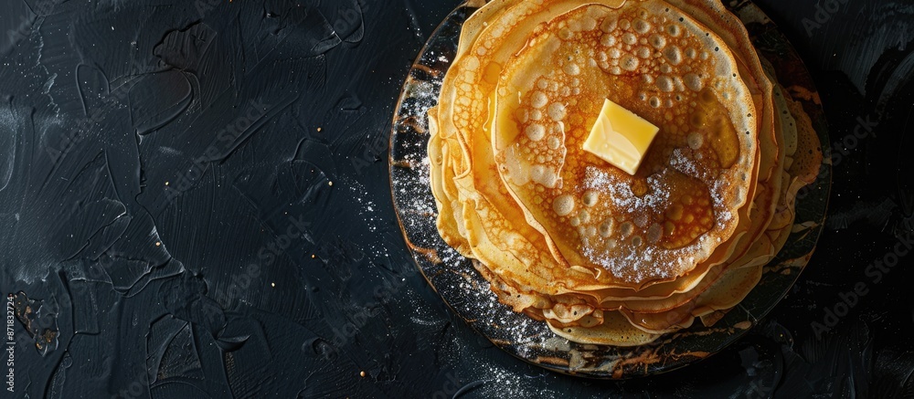 Canvas Prints Top view of a stack of crepes with butter on a marble board against a black background, featuring copy space image.