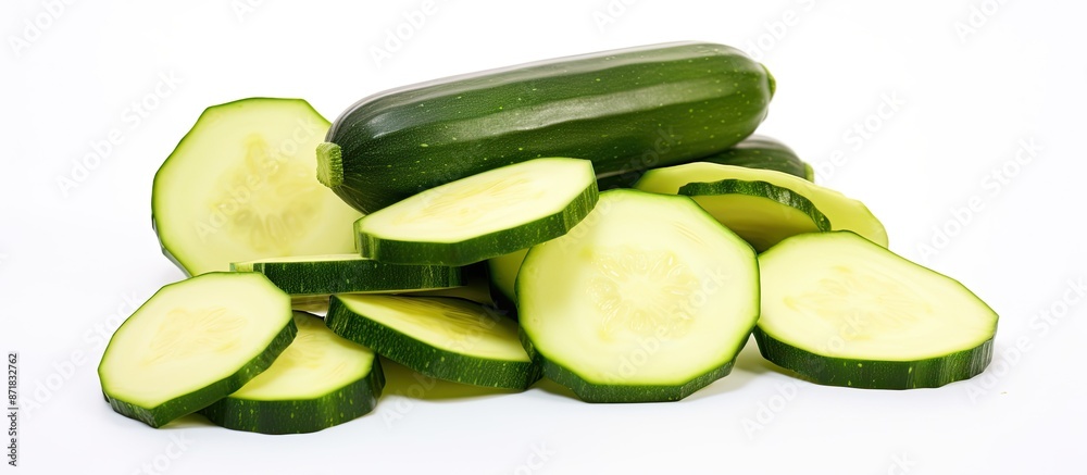 Poster Top view of freshly sliced zucchini on a white background with ample copy space image for text.