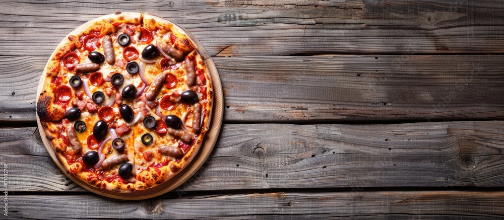 Aufkleber top view of a delicious pizza topped with olives and sausages on a wooden table with copy space imag