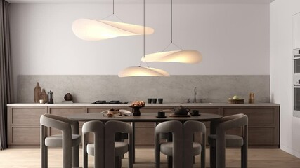 Modern minimalist kitchen with elegant lighting and stylish furniture for a sophisticated space. High quality 4k footage video