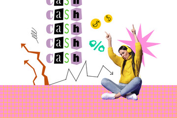 Composite trend artwork sketch collage of target trader business money arrow show direction young lady listen music headphones cash dollar