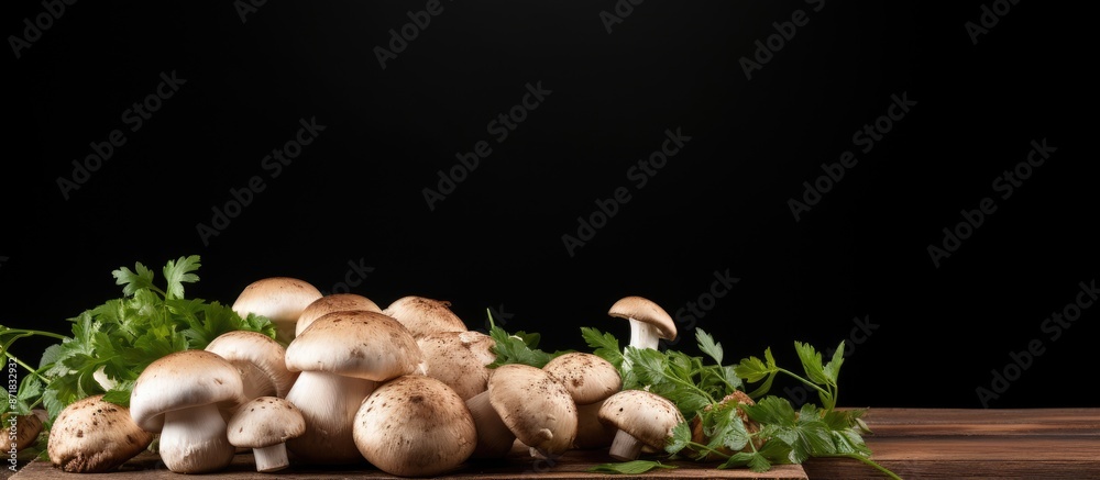 Poster rustic-style setup featuring fresh champignon mushrooms on a wooden board against a black background