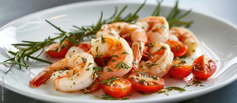 Poster fresh shrimp presented on a white plate with herb-infused tomatoes and rosemary. the backdrop featur