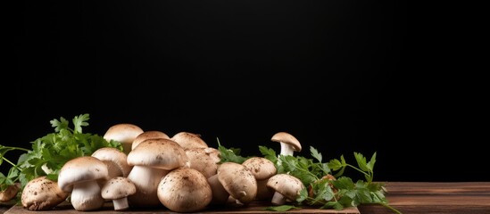 Rustic-style setup featuring fresh champignon mushrooms on a wooden board against a black background, leaving room for text in the copy space image.