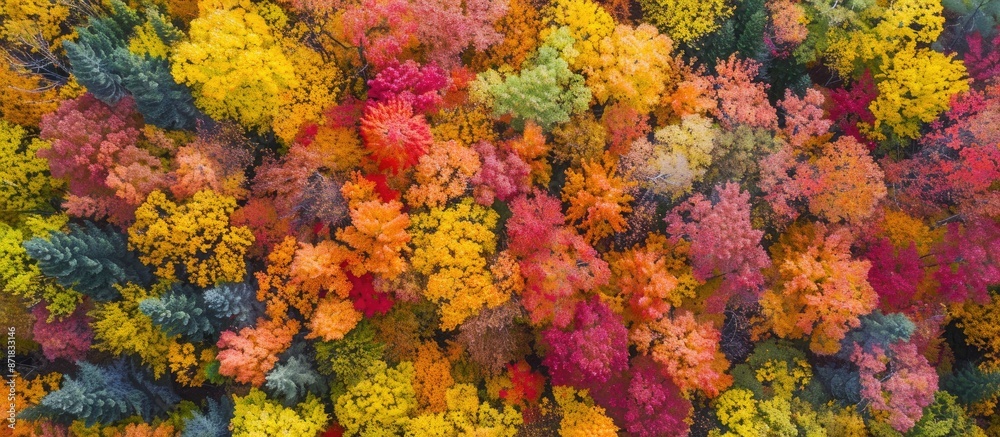 Poster Capture a stunning aerial perspective of vibrant fall foliage against a blank surface for text or designs in the frame - ideal for a copy space image.