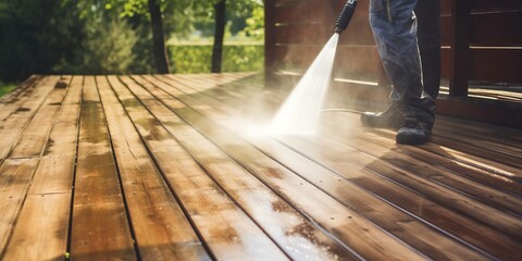 cleaning terrace with a power washer - high water pressure cleaner on wooden terrace surface