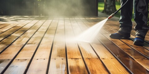 cleaning terrace with a power washer - high water pressure cleaner on wooden terrace surface